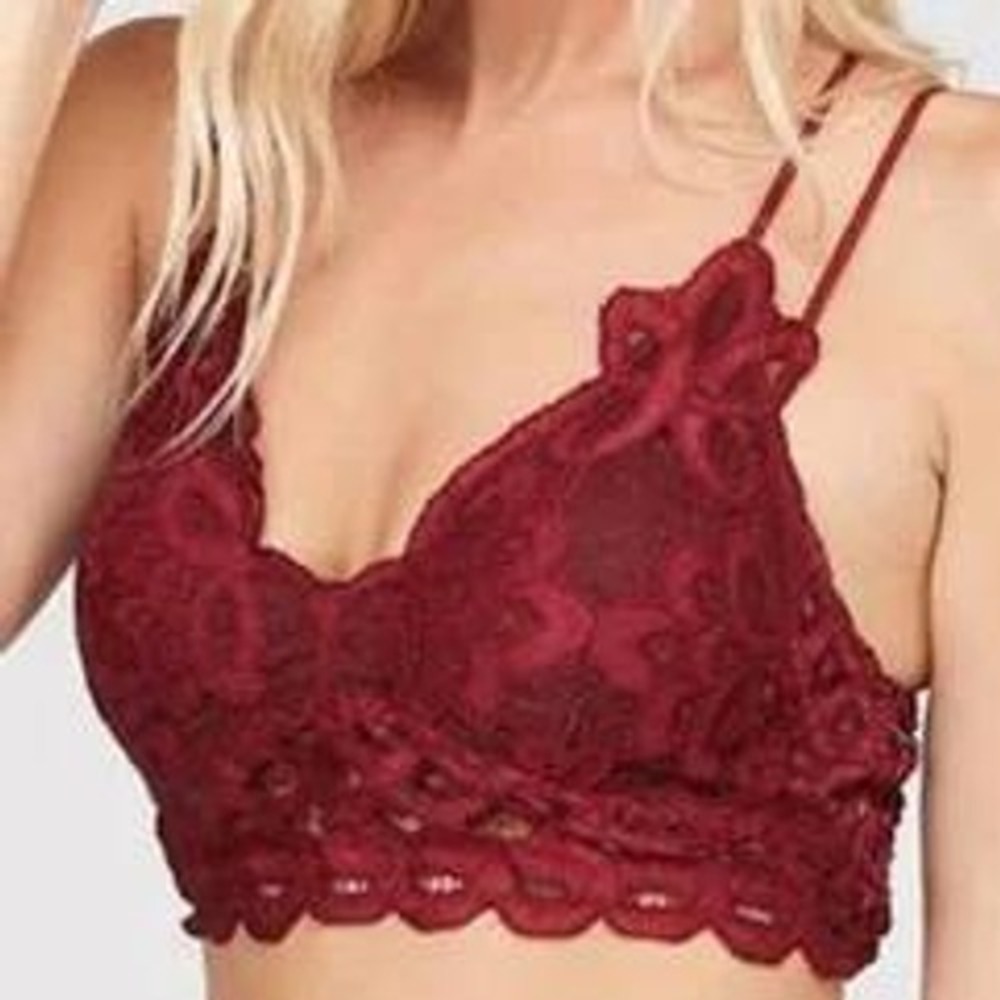 Peach Love California Burgundy Floral Lace Multi Strap Cage Back Bralette Large